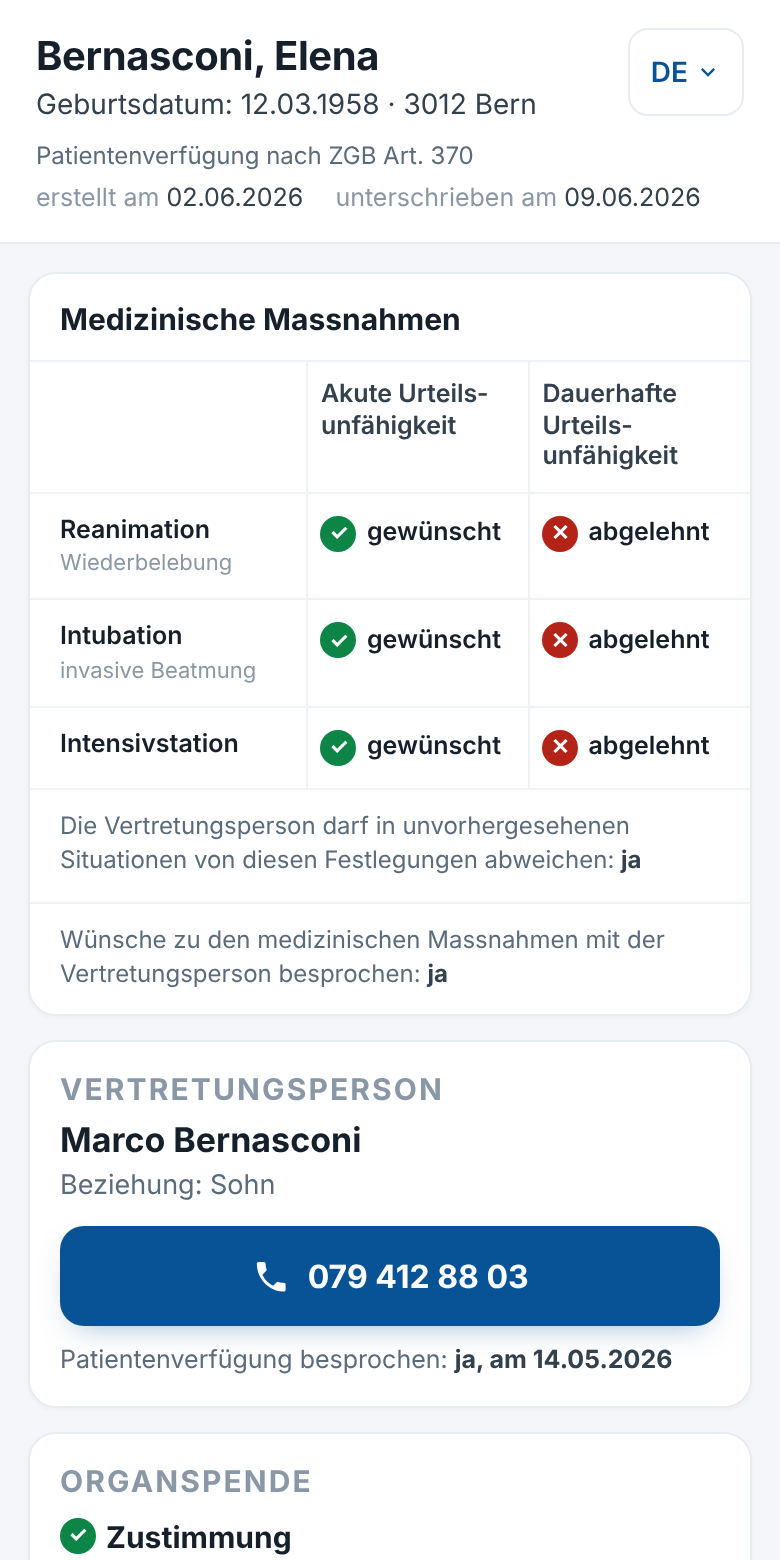 Anzeige der Patientenverfügung von Elena Bernasconi (Demodaten) auf dem Smartphone