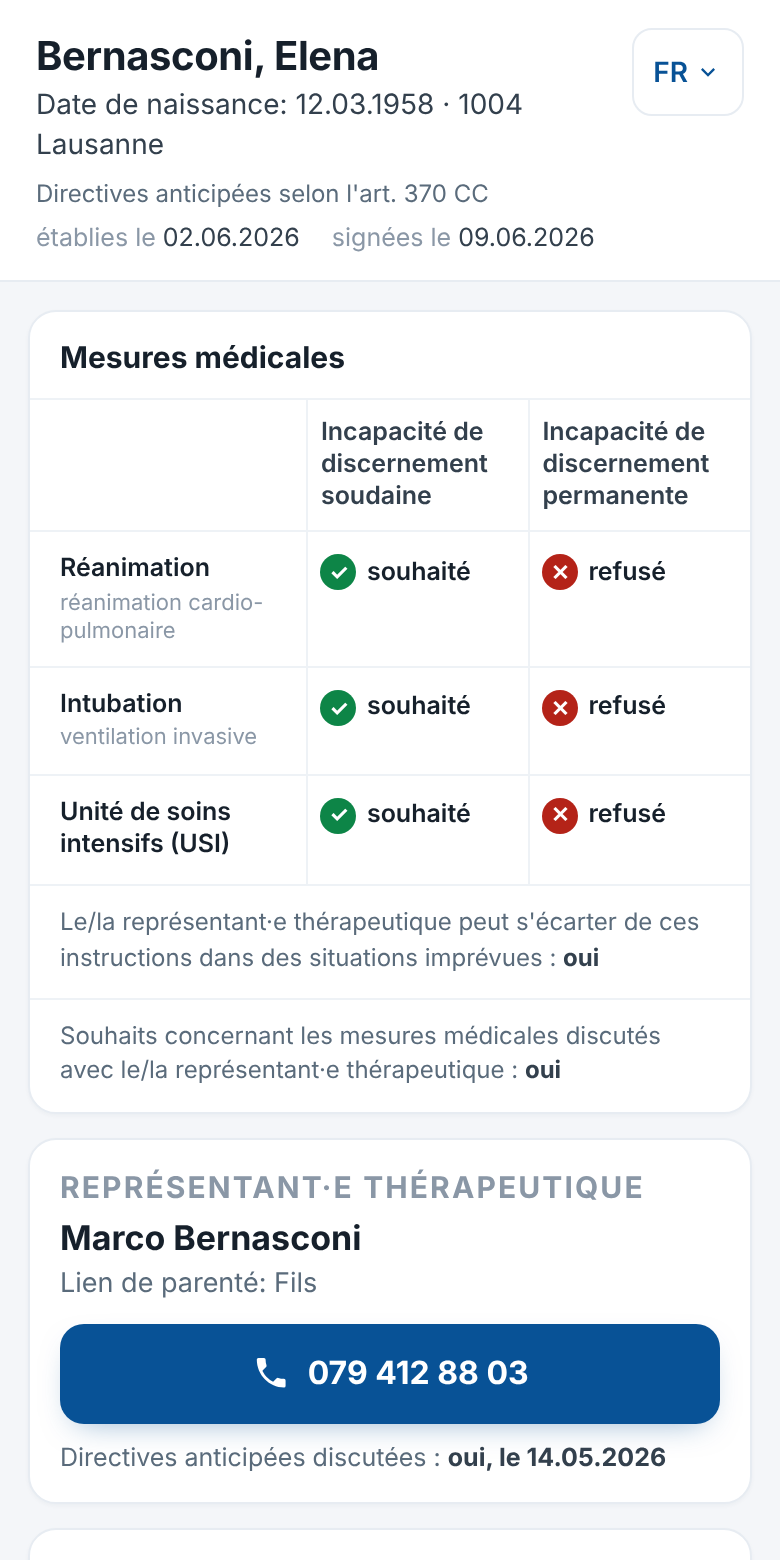 Affichage des directives anticipées d'Elena Bernasconi (données fictives) sur le smartphone